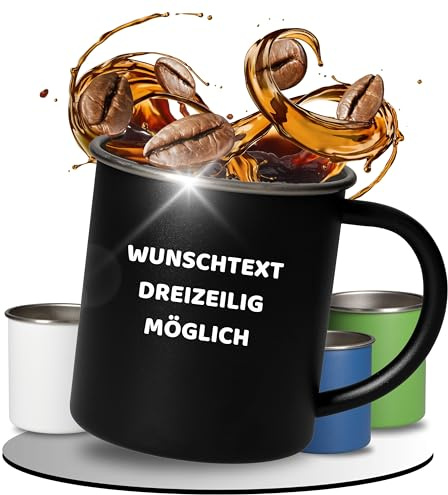 Gobelet personnalisé en acier inoxydable « Adventura » - Capacité de 340 ml - Gobelet de camping robuste - Tasse incassable avec bord arrondi - Couleur : noir