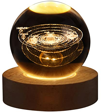 Luz Nocturna Bola de, 6cm Lámpara de Bola de Sistema Solar con Base de Luz LED de Madera, Luces LED de Ambiente para Dormitorio Decoración del Hogar, Regalo para Niños Adultos