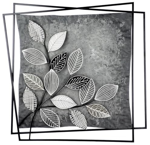 GILDE Metallbilder Wanddeko Bilder Metall Graphic – Moderne Wanddekoration Wohnzimmer – Wandbild 3D Metallbild Wand Deko Blumen Blätter Wall Decoration 77 x 77 cm Grau Schwarz