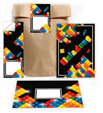 Limonia 12 Einladungskarten zum Kindergeburtstag Einladung Geburtstag Jungen Mädchen Unisex Bausteine Bauklötze bunt schwarz incl. 12 Umschläge, 12 Tüten, 12 Aufkleber