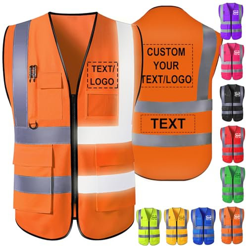 Akmxem Gilets Orange Securite Personnalisable avec Logo Gilets Reflechissant Haute Visibilité Personnalisé avec Poche pour Hommes et Femmes de Travail de Sécurité pour la Construction