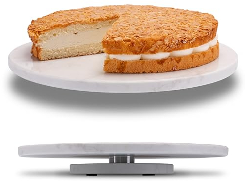 Fino Casa drehbare Marmorplatte rund Tortenplatte Kuchenplatte Wurstplatte Käseplatte Marmor Platte Servierplatte mit Fuss Servierteller weiß Drehteller Etagere Tortenständer Deko Tablett Tischdeko