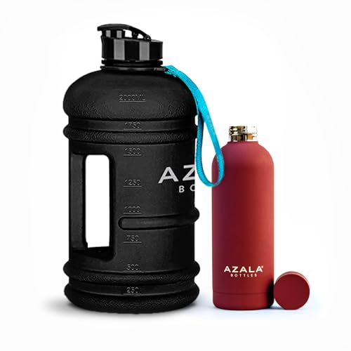 Azala®️BOTTLES Botella de Agua 2L + 500ml - Botella Térmica Deportiva - sin BPA - Útil para Gimnasio - Deportes al Aire Libre, Todo tipo de práctica deportiva y Oficina - Color NEGRO y ROJO
