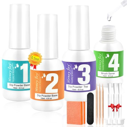 Honey Joy Dip Powder Liquid Set - 4pcs with Activator, Base Coat, Top Coat, and Brush Saver 15ml/0.5Fl.oz for Home DIY Salon Art