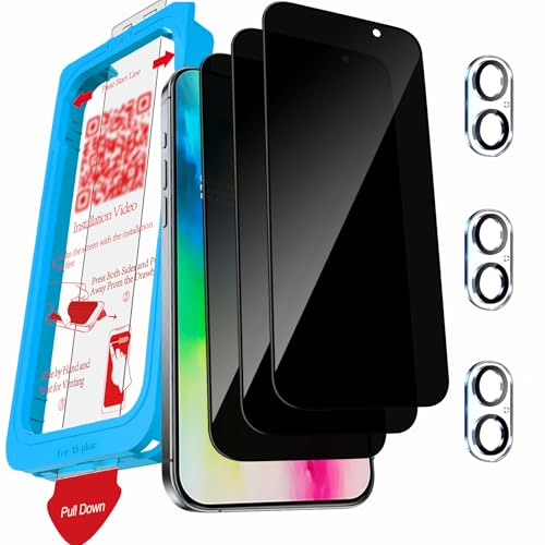 Milomdoi 3 Pack Privacy Screen Protector for iPhone 16 Plus with 3 Pack Camera Lens Protector,[True 25°Anti Spy] Tempered Glass Accessories