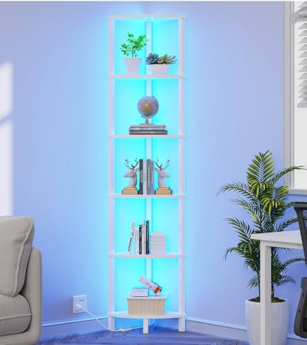 VIMBER Corners Shelf with LED Light, 6-Tier Corner Bookshelf, Industrial Corner-Ladder Shelf, Modern Display Shelf for Living Room, Bedroom, Kitchen, Home Office, Sturdy Frame, White UJSJ002W