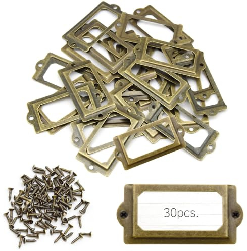 Ruidee 30 Stück Metall Etikettenrahmen Vintage 60x17mm Etiketten Kartenrahmenhalter Möbel Schublade Label Halter mit Schrauben Namensschild Etikettenrahmen für Büro Bibliothek (70x33mm/Bronze)