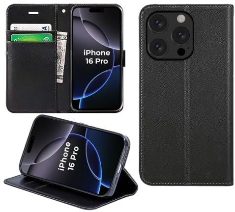 DN-Technology for iPhone 16 Pro Case Flip Leather Wallet Book Stand Folio Card Holder Phone Cover iPhone 16 Pro 6.3'' (BLACK)