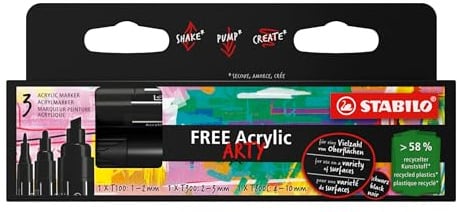 STABILO - Acrylmarker - FREE Acrylic | 3er Pack, schwarz, 3 verschiedene Spitzen, neu