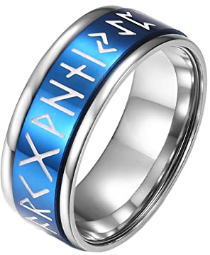 Grewod Ringe Mann, 8 MM Edelstahl Blau Viking Spinner Leuchtende Schmuck Ring Fidget Spinner Größe 54 (17.2)