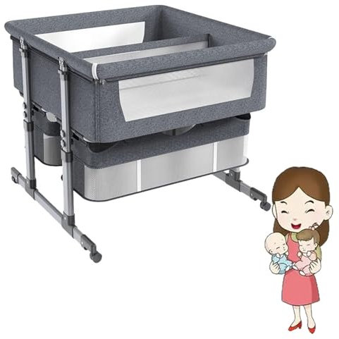 Mixtric Zwillings-Babybett, Stubenwagen Für Zwillinge, Kinderbett Mit Aufbewahrungskorb, Tragbares Babybett Mit Babywanne, 6-Fach Höhenverstellbar, Für Babys,C