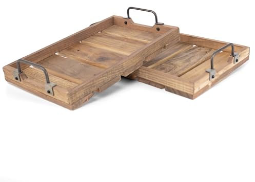 Juego de Bandejas de Madera 2 Piezas con Asas de Acero - Bandeja Grande Rectangular para Servir Comidas