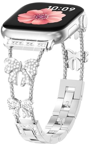 CHANCHY Glitzerndes Armband Kompatibel mit Apple Watch Armband für Damen 38mm 40mm 41mm 42mm, Schmetterlingsschleife Gliederarmband für iWatch SE 3 2 1/Series 11 10 9 8 7 6 5 4 3 2 1, Silber