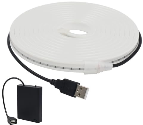 Wisada 5V Tira LED [3m,Blanco cálido 3000-3500K], Alimentación por USB/Alimentación por Batería, IP65 Impermeable Flexible Cortable LED Neón Tira de Luz, Hogar/Tienda Decoración