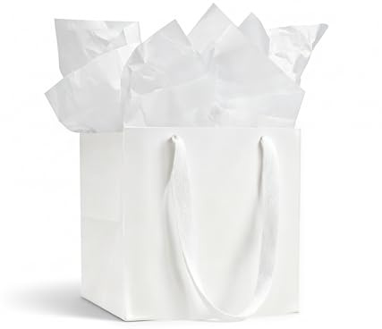 Aosric White Gift Bags with Tissue Paper, 2 Pack 20x20x20cm Square Reusable Goodie Bag for Christmas Gifts, Halloween Treats, Wedding, Baby Shower, Birthday Party Favor, Return Gifts