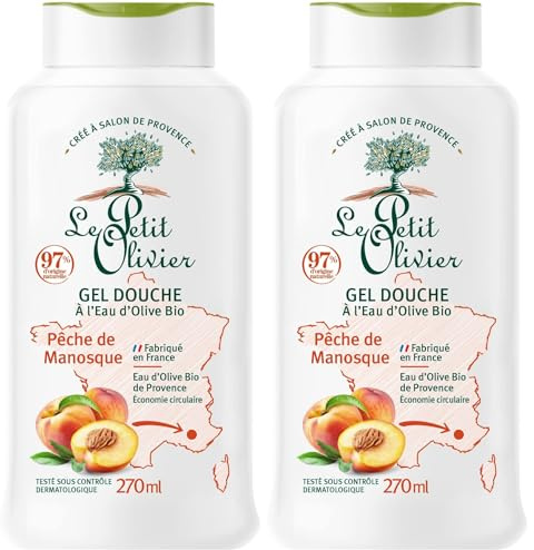 LE PETIT OLIVIER - Gel Douche - Eau d'Olive Bio & Pêche De Manosque - PH Neutre Pour La Peau - 97% D'Origine Naturelle - Sans Savon, Sans Colorant - Fabriqué En France - 270 ml (Lot de 2)