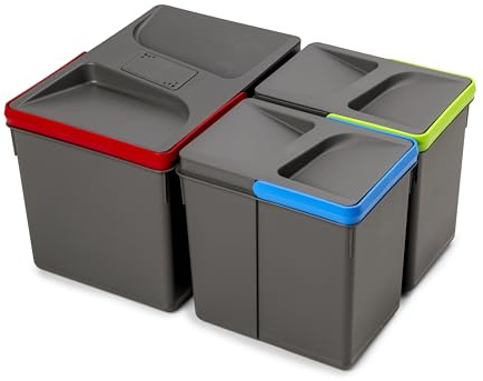 Emuca - Recycle-Küchenschubladenbehälter mit geruchsdichtem Deckel, H216mm, 1x12Liter, 2x6Liter, Kunststoff anthrazitgrau