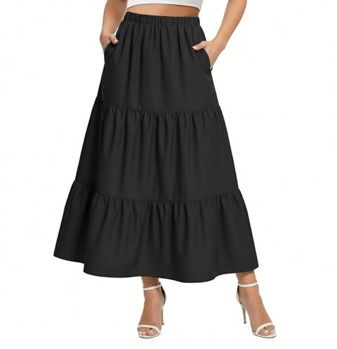 BSBUY Women Skirts Elastic High Waist Maxi Skirts 2 in 1 Summer Pleated Long Skirts A Line Tiered Maxi Skirt Ladies Beach Maxi Skirt(Black-M)