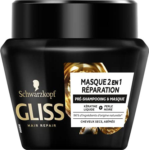 Schwarzkopf - Gliss – Reparaturmaske 2 in 1 – Vor-Shampoo und Maske – trockenes/geschädigtes Haar – Haarpflege – 96% Inhaltsstoffe natürlichen Ursprungs – Topf mit 300 ml