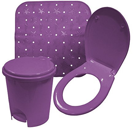Crazy Gadget® Bathroom Accessories Sets in Fushcia Pink, Heather and Pale Blue. (Shower Mat-Bin-Toilet Seat, Heather)