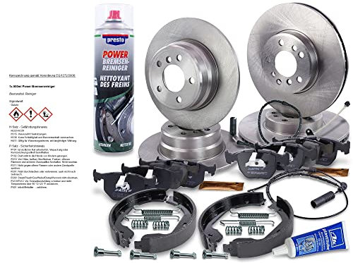 BESTPRICE Bremsenset inkl. Bremsscheiben vorne Ø 332 mm Belüftet + hinten Ø 324 mm Voll + Bremsbeläge vorne und Bremsbacken hinten + Verschleißkontakt, Kompatibel mit BMW X5 (E53)