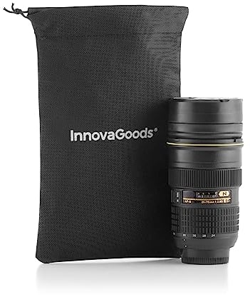 InnovaGoods® Taza de café para llevar cámara objetivo, termo de café de 400 ml, termo de acero inoxidable, apto para bebidas frías y calientes como colacao, té, incluye bolsa de transporte