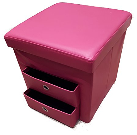 New Faux Leather Folding Ottoman Seat Box Footstool with 2 Pull-Out Compartments Drawers (Fushcia Pink)
