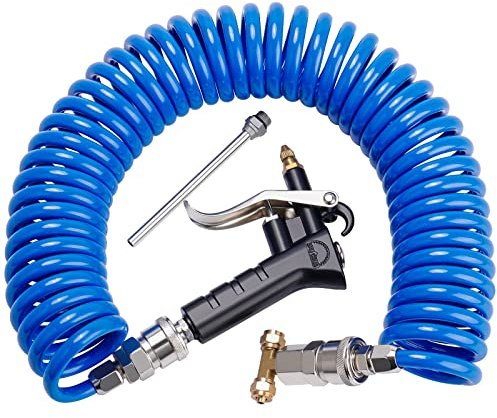 Boeray Heavy Duty Truck Air Duster Blow Gun Cleaning with 9 Meter Long Coil and 2 Interchangeable Nozzle Tips- Blue Air Seat Blow Gun Kit