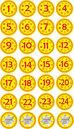 INDIGOS UG - Aufkleber rund 30x30mm für Adventskalender 1 to 24 - gelb + Bonus Vintage Style - Labels - Stickers - Weihnachtskalender - Weihnachten - Advent - rund - zum Aufkleben