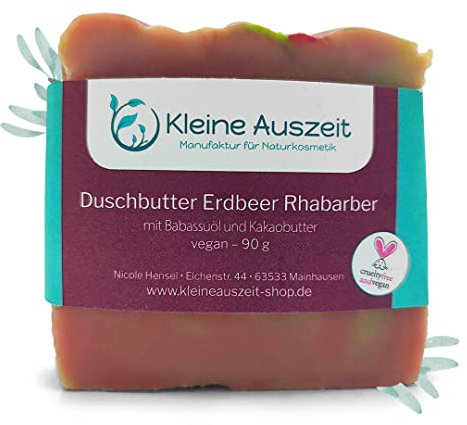 Kleine Auszeit Manufaktur, Duschbutter Erdbeer Rhabarber, reichhaltige Körperseife für trockene Haut, vegan, palmölfrei und plastikfrei, 90 g