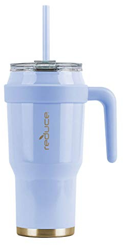 Reduce Tasse - 44 oz Tumbler Becher mit Strohhalm, Deckel und Henkel 34 Stunden kalt, vakuumisolierter schweißfester Körper Großer Isolierbecher für kalte heiße Getränke Gletscher, blickdicht glänzend