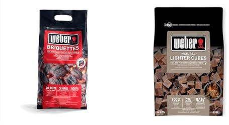 Weber 17590 Briketts, Schwarz, 4 kg & 17612 Anzündwürfel braun, ohne Zusatzstoffe, 48 Stück (1er Pack), 38x17x5 cm