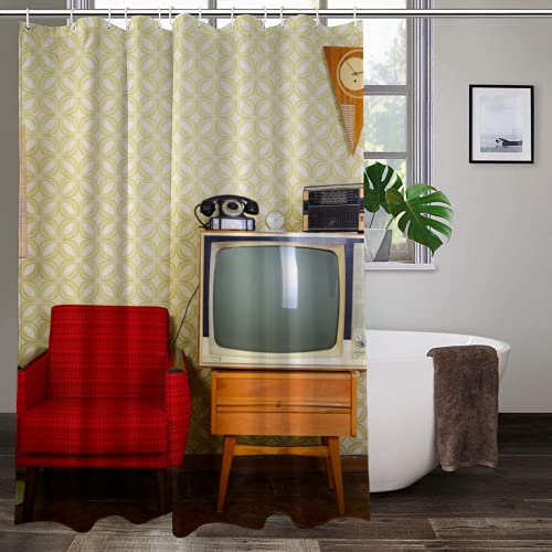 Vintage TV und Sofa Duschvorhang Wasserdicht Badezimmer Vorhänge Home Decor Premium Polyester Stoff Badvorhänge mit 12 Haken, längere Größe 152 x 200 cm