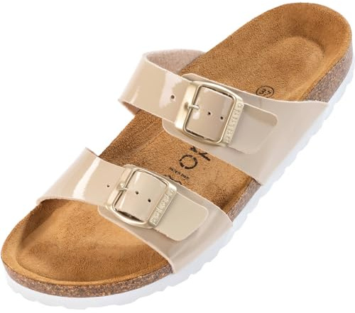 Palado Damen Pantoletten Samos Lack - elegante Sandalen Made in Spain - Hausschuhe mit Kork-Fußbett - bequeme Sommerschuhe Lack Beige UK6 - EU39