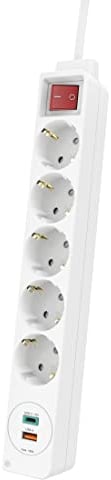Hama Steckdosenleiste, 5-fach, mit USB-A und USB-C-Buchse (PD/Quick Charge, max. 18W, 7in1 Mehrfachsteckdose mit Schalter, Schutzkontaktstecker, Buchsen inkl. Berührungsschutz, 1,4m) weiß