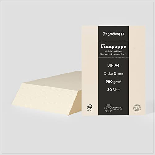 TheCardboardCo Finnpappe, 2 mm (980 g/m²), DIN A4 (210 x 297 mm), 30 Blatt, Holzpappe für Modellbau, Kaschieren & kreatives Basteln, naturweiss