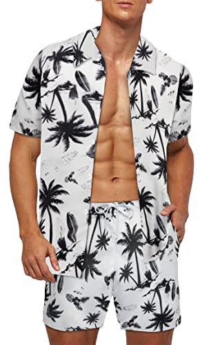 MANLUODANNI Men's Hawaiian Shirts and Shorts Set Summer Tropical Floral Casual Short Sleeve Button Down Beach Shirts Fashion Flower Suits Classic Print Shirts 2PC Outfit for Holiday