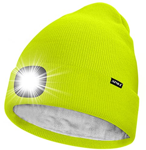 ATNKE LED Mütze mit Licht,Wiederaufladbare USB 4 LED Beleuchtete Laufmütze Extrem Heller Lampe Winter Warme Gefüttertes Fleece Stricken Mütze für Herren und Damen Geschenke/Fluorescent Yellow