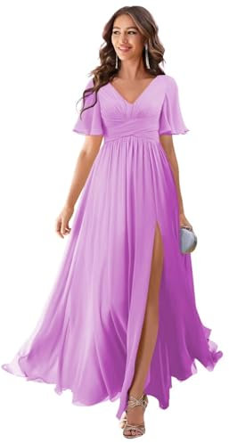 YUAOHUANG Vestidos de dama de honor con cuello en V y mangas con vuelo, para boda, de gasa, con abertura larga, vestidos formales de noche, Lila, 6
