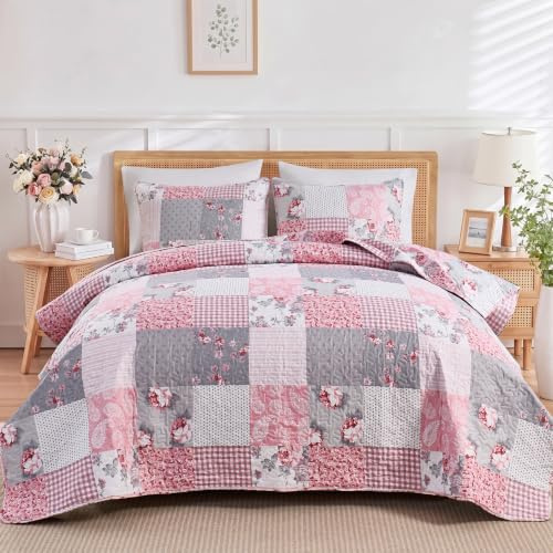 Bettwäsche-Set für Queen-Size-Betten, Blumenmuster, Patchwork, gesteppt, 3-teilig, graues Gittermuster, Blumen, leicht, Bettdeckenbezug, Decke mit 2 Kissenbezügen
