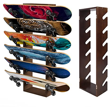 Gtouse Skateboard-Halterung, Wandhalterung, 6-stöckig, Holz, Skateboard-Ständer, Display-Organizer, Skateboard-Aufhänger für Longboard, Deck, Standard-Skateboards