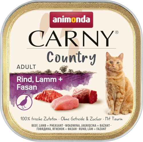 animonda Carny Country Katzenfutter nass Rind + Lamm + Fasan (32 x 100g), getreidefreies Katzen Nassfutter ohne Zucker, mit frischen fleischigen Zutaten