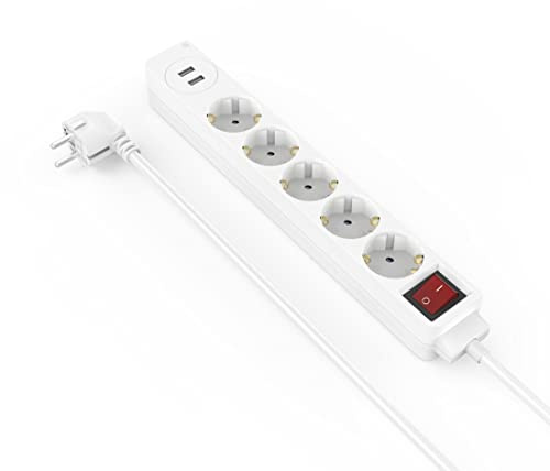 Hama Steckdosenleiste 5-Fach, USB A, mit Schalter, 1,4m (Steckdosenleiste mit Schalter, mit USB, 5er, Mehrfachsteckdose, Mehrfachstecker, mit Berührungsschutz, 45°, Steckdosenadapter) weiß
