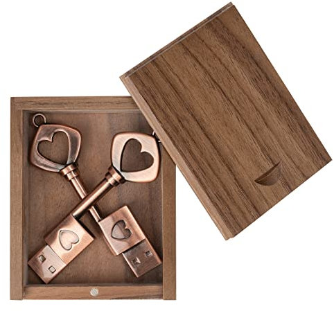leizhan 32GB Metal USB 2.0 Sticks USB Flash Laufwerk mit Holzbox,Schlüssel Liebe Schlüsselanhänger USB Thumb Drive Memory Stick U Disk Einzigartiges Hochzeitsgeschenk Pen Drive (2 PCS mit Holzkiste)