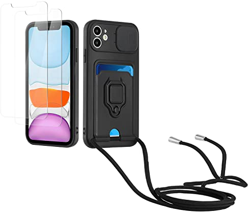 Kaslly Case für iPhone 11 Handykette Hülle+[2 Schutzfolie Glas],Slide kameraschutz,Silikon Handyhülle zum Umhängen Kette,Kartenfach-Schwarz