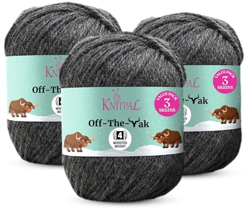 Off-The-Yak Squishy Soft Wool Blanket Yarn for Knitting and Crocheting, Heavy Worsted/Aran Weight #4, 25% Yak, 50% Wool, 25% Acrylic, 3 Skeins per Pack, 360yds/300g (Anchor Gray) | #4 Medium Worsted Weight Wool Yarn for Crocheting with Free Patterns - Wool Acrylic Blend Yarn for Knitting