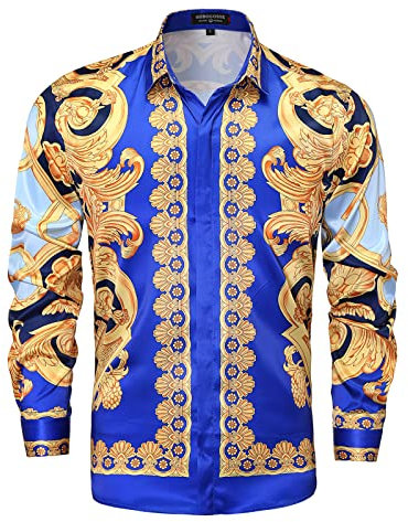 GSBOGOSSE Men Floral/Golden Lion/Paisley/Fashion Luxury Printed Dress Shirts Long Sleeve Button-Down Retro Gorgeous Design Shirts, Multicolored38, XXL