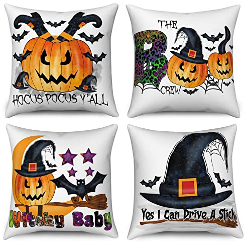 Hnmdmyi Halloween Kissenbezug 40x40 4er Set, Hocus Pocus Kürbis Fledermaus Boo Hexenhut Spinnennetz Dekorative Kissenbezüge Leinen Kissenhülle für Sofa Couch Bett Garten Outdoor Home Decor