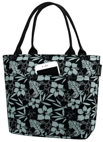 Aosbos Borsa Termica Impermeabile Portatile Borsa Frigo Pranzo Ufficio Isolamento a Prova di Perdite Borsa per il Pranzo al Sacco Campeggio All‘aperto, Nero & Ibisco Fiore