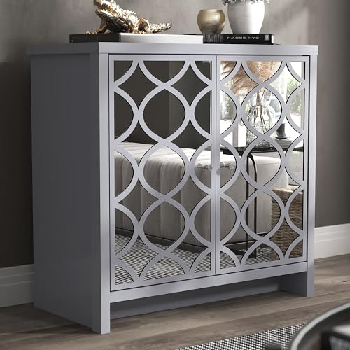 Galano Iris 2 Door Sideboard – Storage Cabinet for Living Room & Kitchen – Space Saving Side Unit with Arylic Mirror Doors, Modern Side Board Organizer - Grey